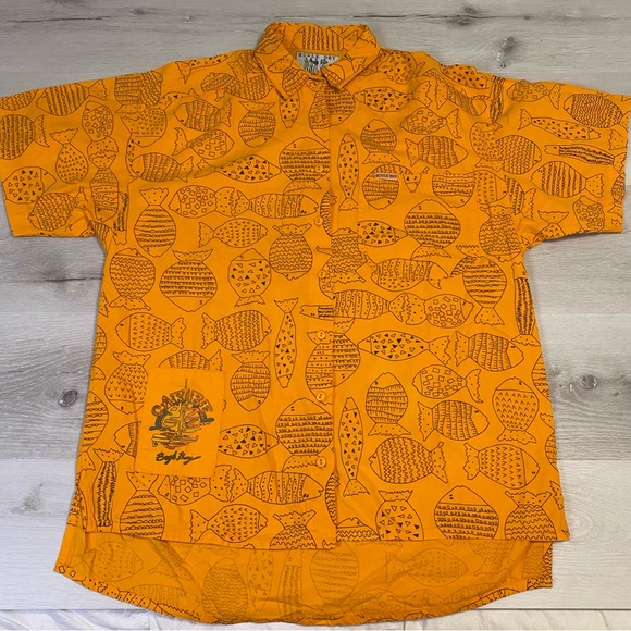 Vintage Other - Vintage Bugle Boy Caribe Orange Fish Doodle Short Sleeve Button Down, Size M